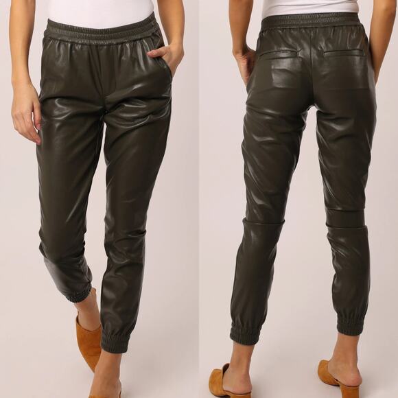 Dear John NWT Jacey Dark Olive Green Faux Vegan Leather Pull On Jogger Pants - Picture 1 of 9